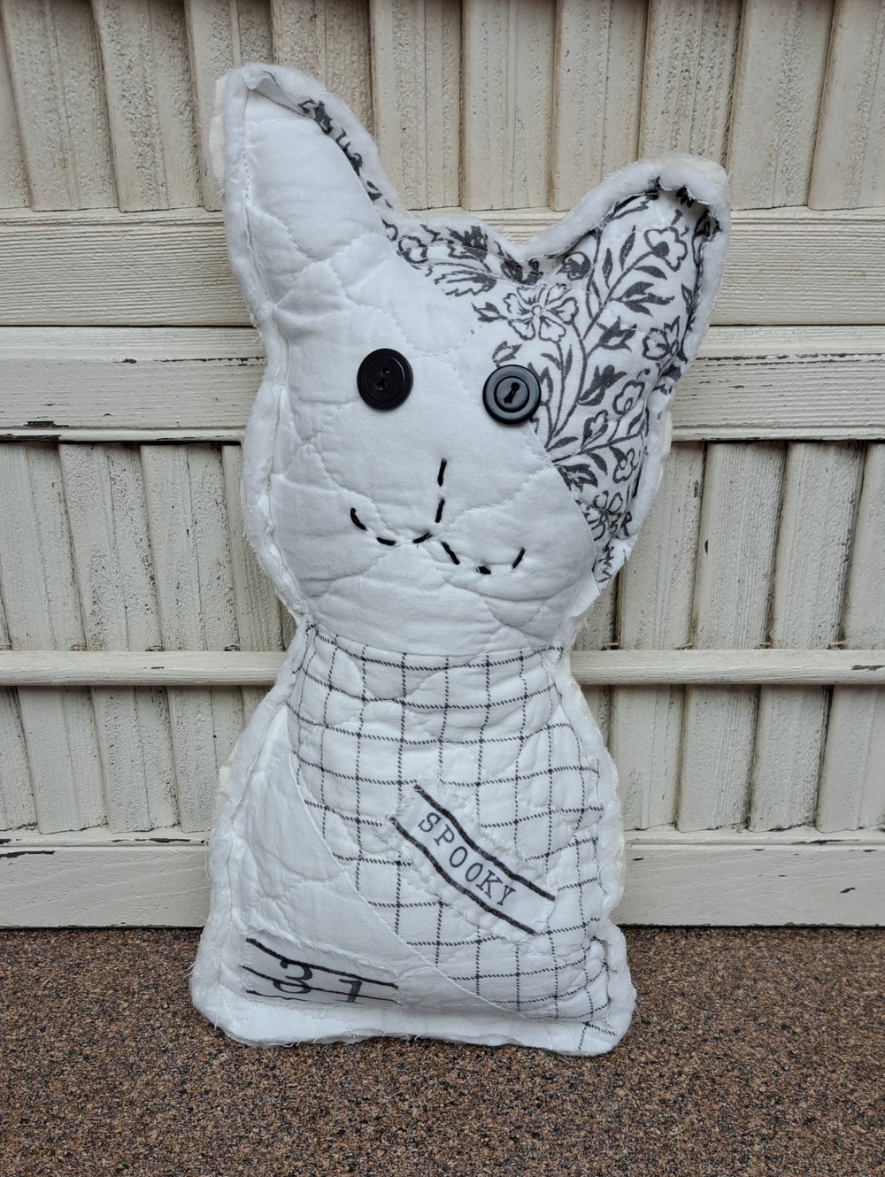 Handmade Quilted Cat Pillow in White and Gray